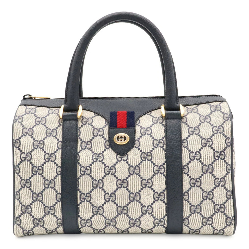 Gucci GG Plus Sherry Boston Bag Leather Navy Blue Beige